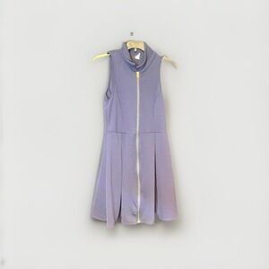 Love J Purple Sleeveless Mock Neck Skater Dress Gold Front Zip Textured Knit L